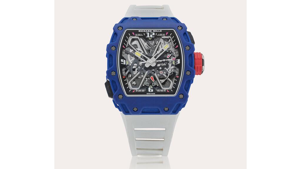 Tom Brady put three Richard Mille watches up for auction at Sotheby’s, including this “Baby Nadal” model encased in blue quartz TPT. (Image courtesy of Sotheby’s) Tom Brady Richard Mille Baby Nadal